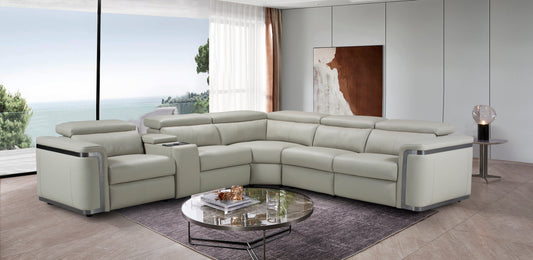 Plaza Electric Recliner Silver Top Grain Leather Corner Sofa With Charging Console