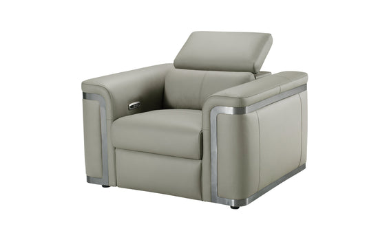 Plaza Top Grain Silver Leather Power Recliner Armchair / 1 Seater Sofa with Adjustable Headrests