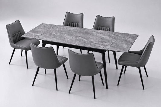 (Pre Order Deal, Arriving December 15th) "Regis" 120cm-180cm Ceramic Extending Dining Table & Grey Leather Celia Dining Chairs Set