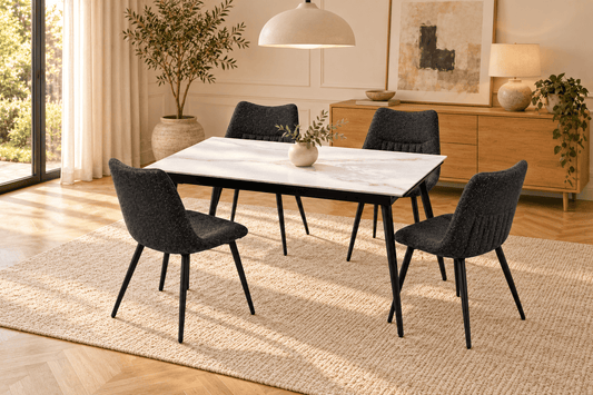 (Pre Order Deal, Arriving December 15th) "Regis" 120cm-180cm Ceramic Extending Dining Table & Grey Leather Celia Charcoal Grey Fleck Fabric Dining Chairs Set