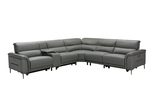San Andreas Electric Recliner Grey Top Grain Leather Corner Sofa With Charging Console