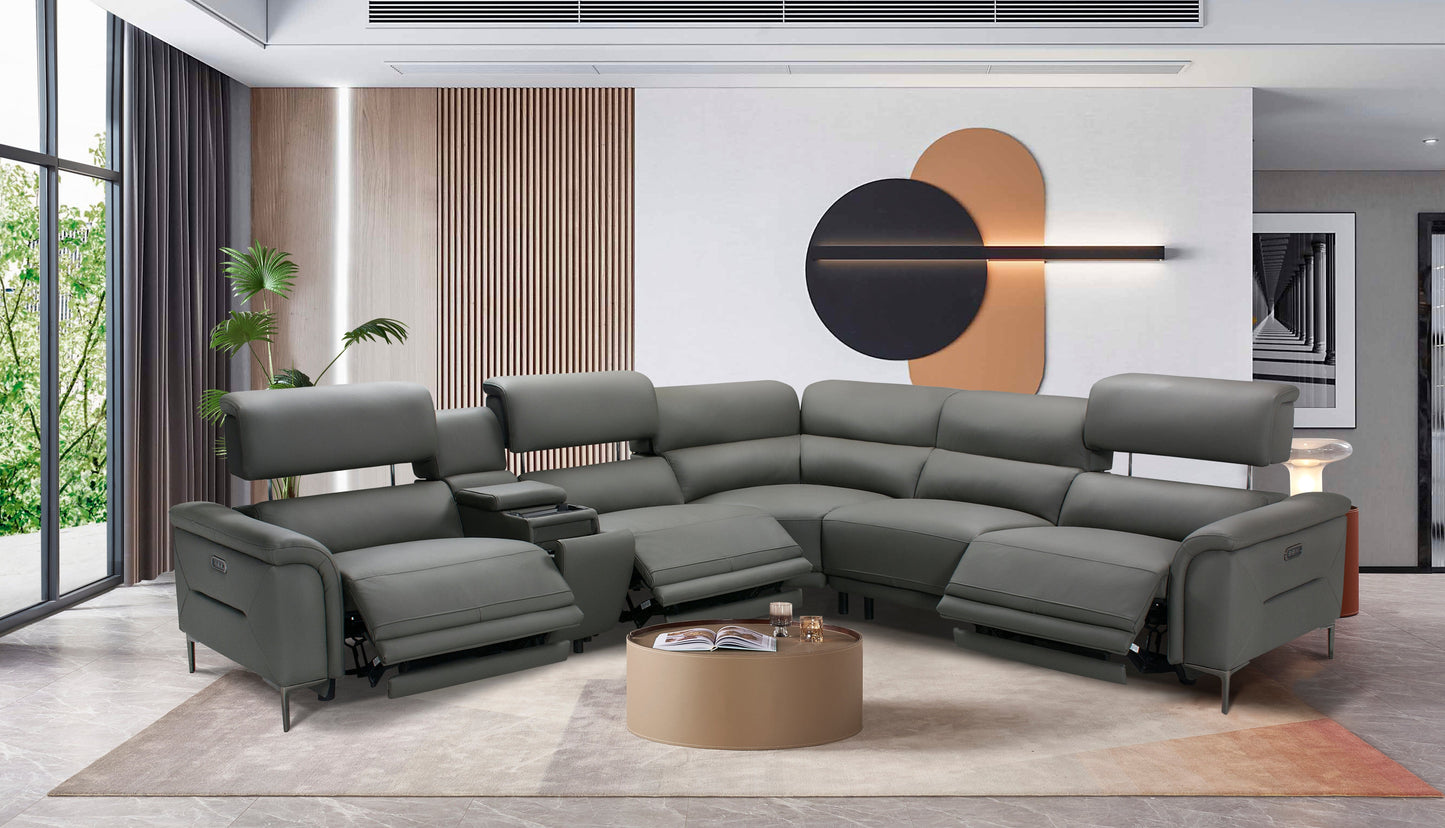San Andreas Electric Recliner Grey Top Grain Leather Corner Sofa With Charging Console