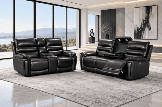 Calisese Black Leather Electric Reclining 3 Seater + 2 Seater With Drinks Console Sofa Range Suite Set With USB Charging Ports & Drop Down Tray Table