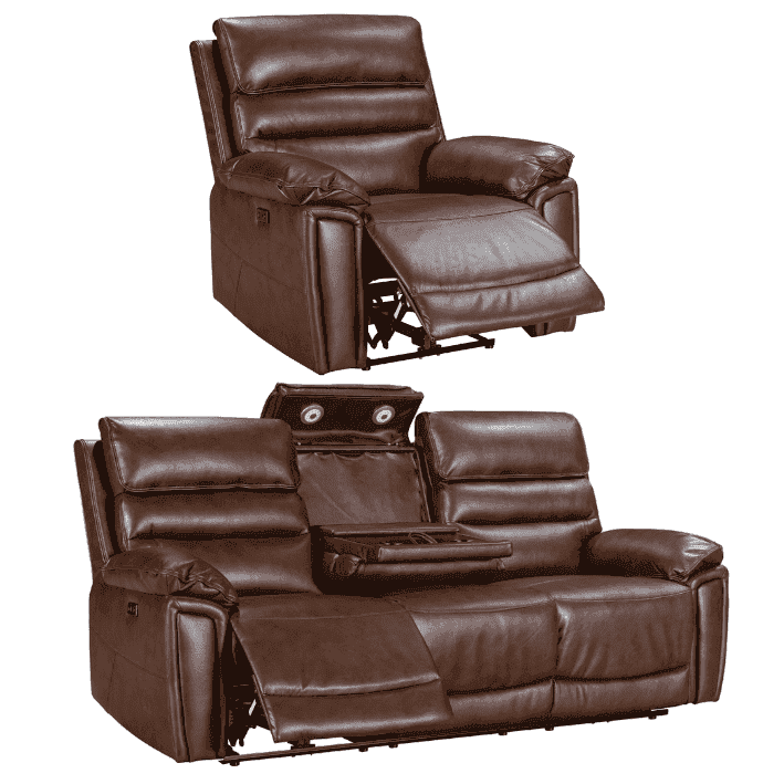 Donald Brown Leather Electric / Power Reclining Sofa Range Suite Set With USB Charging Ports & Drop Down Tray Table