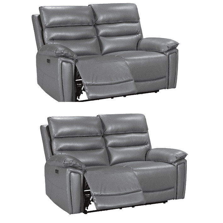 Donald Grey Leather Electric / Power Reclining Sofa Range Suite Set With Drinks Coolers USB Charging Ports & Drop Down Tray Table