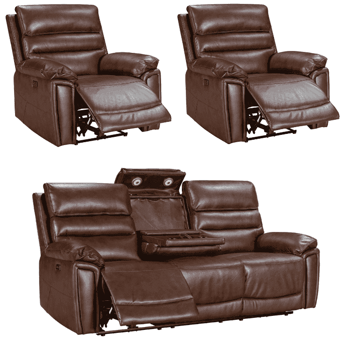 Donald Brown Leather Electric / Power Reclining Sofa Range Suite Set With USB Charging Ports & Drop Down Tray Table