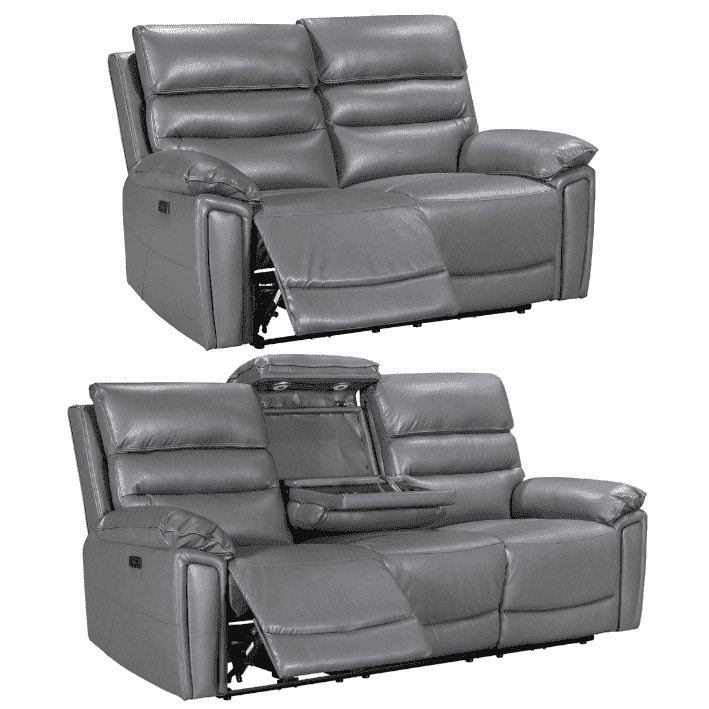 Donald Grey Leather Electric / Power Reclining Sofa Range Suite Set With Drinks Coolers USB Charging Ports & Drop Down Tray Table