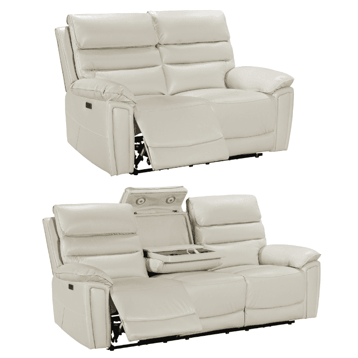 Donald Ivory Cream Leather Electric / Power Reclining Sofa Range Suite Set With USB Charging Ports & Drop Down Tray Table