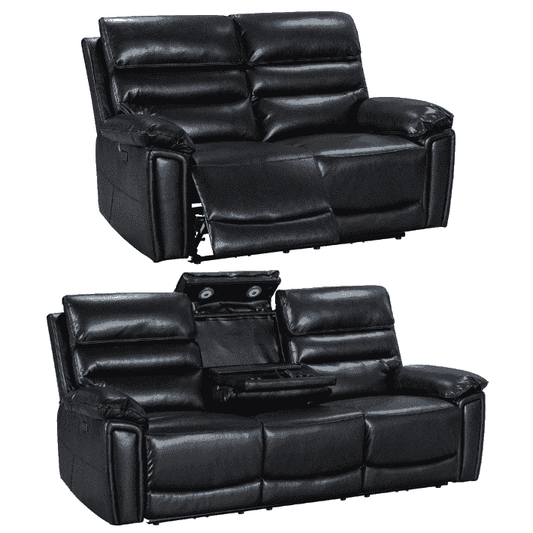 Donald Black Leather Electric / Power Reclining 3 Seater + 2 Seater Sofa Set With USB Charging Ports & Drop Down Tray Table