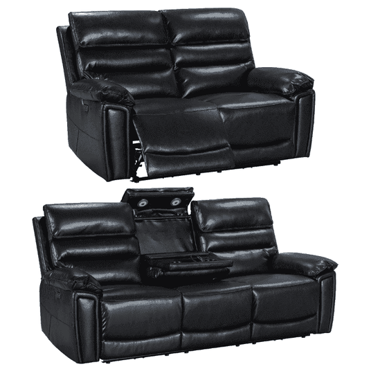 Donald Black Leather Electric / Power Reclining 3 Seater + 2 Seater Sofa Set With USB Charging Ports & Drop Down Tray Table