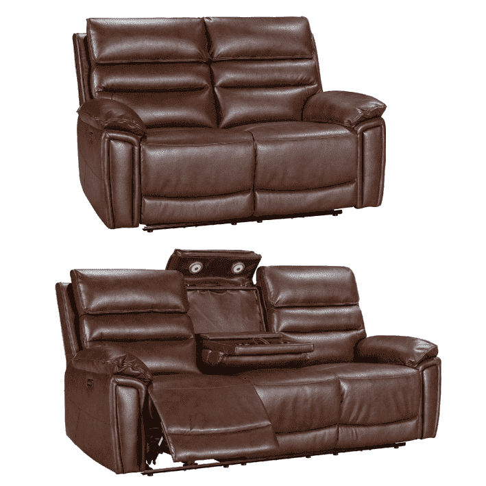 Donald Brown Leather Electric / Power Reclining Sofa Range Suite Set With USB Charging Ports & Drop Down Tray Table