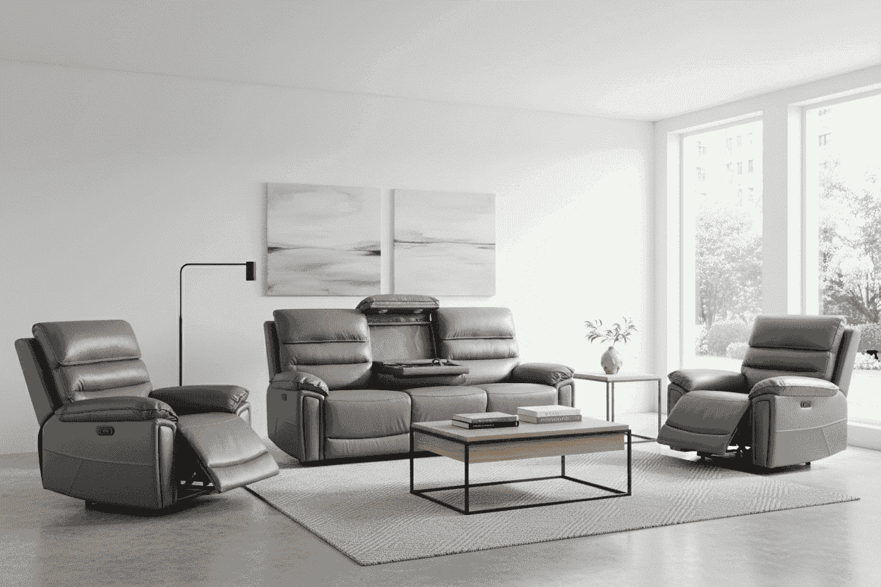 Donald Grey Leather Electric / Power Reclining Sofa Range Suite Set With Drinks Coolers USB Charging Ports & Drop Down Tray Table