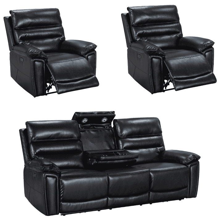 Donald Black Leather Electric / Power Reclining Sofa Range Suite Set With USB Charging Ports & Drop Down Tray Table