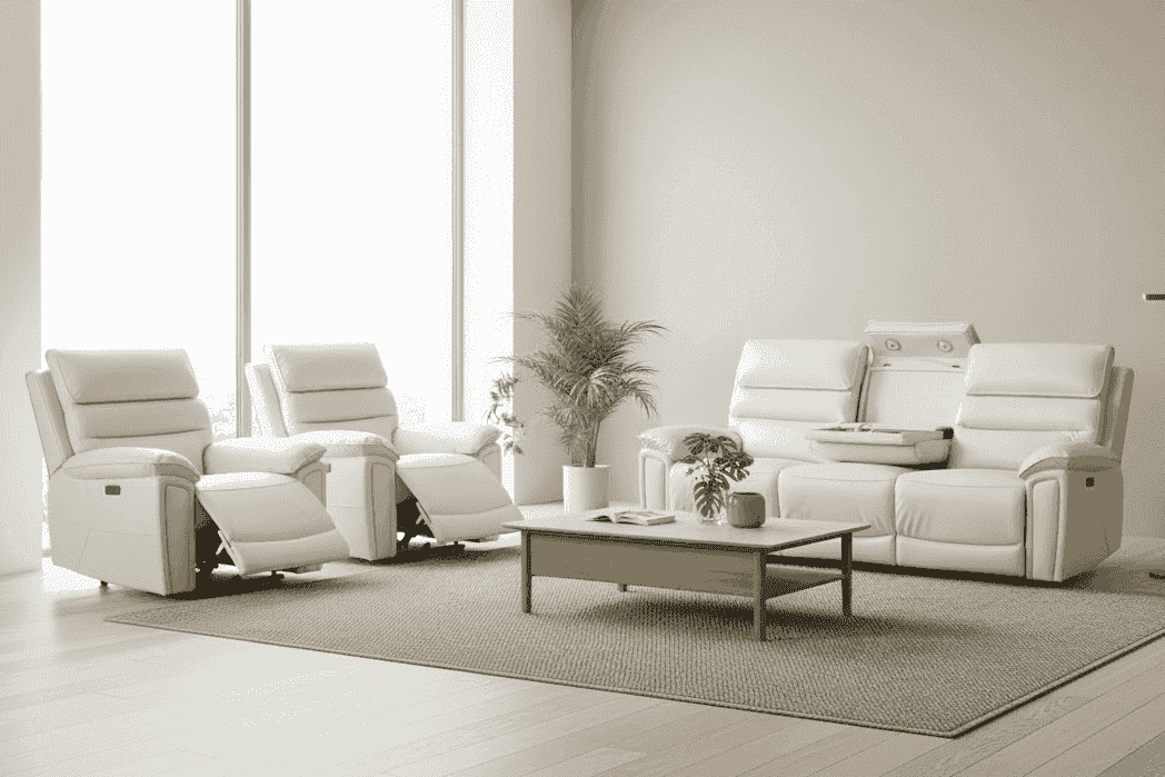 Donald Ivory Cream Leather Electric Reclining Sofa Range Suite Set With USB Charging Ports & Drop Down Tray Table