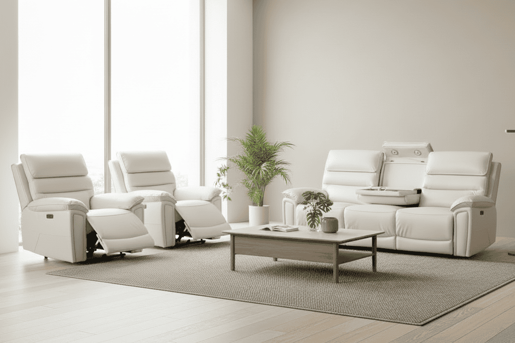 Donald Ivory Cream Leather Electric Reclining Sofa Range Suite Set With USB Charging Ports & Drop Down Tray Table