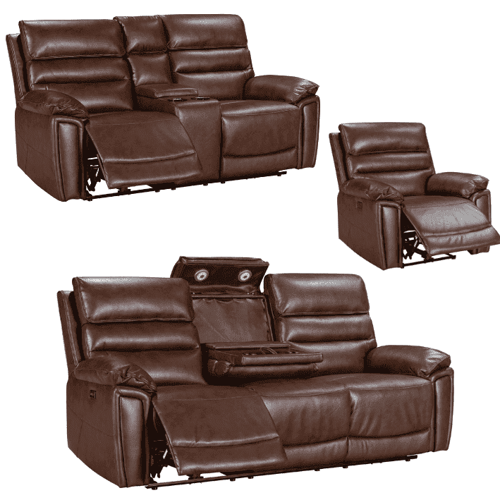 Donald Brown Leather Electric / Power Reclining Sofa Range Suite Set With USB Charging Ports & Drop Down Tray Table