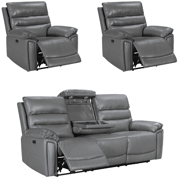 Donald Grey Leather Electric / Power Reclining Sofa Range Suite Set With Drinks Coolers USB Charging Ports & Drop Down Tray Table