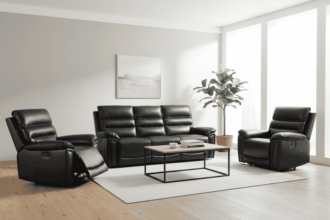 Donald Black Leather Electric / Power Reclining Sofa Range Suite Set With USB Charging Ports & Drop Down Tray Table