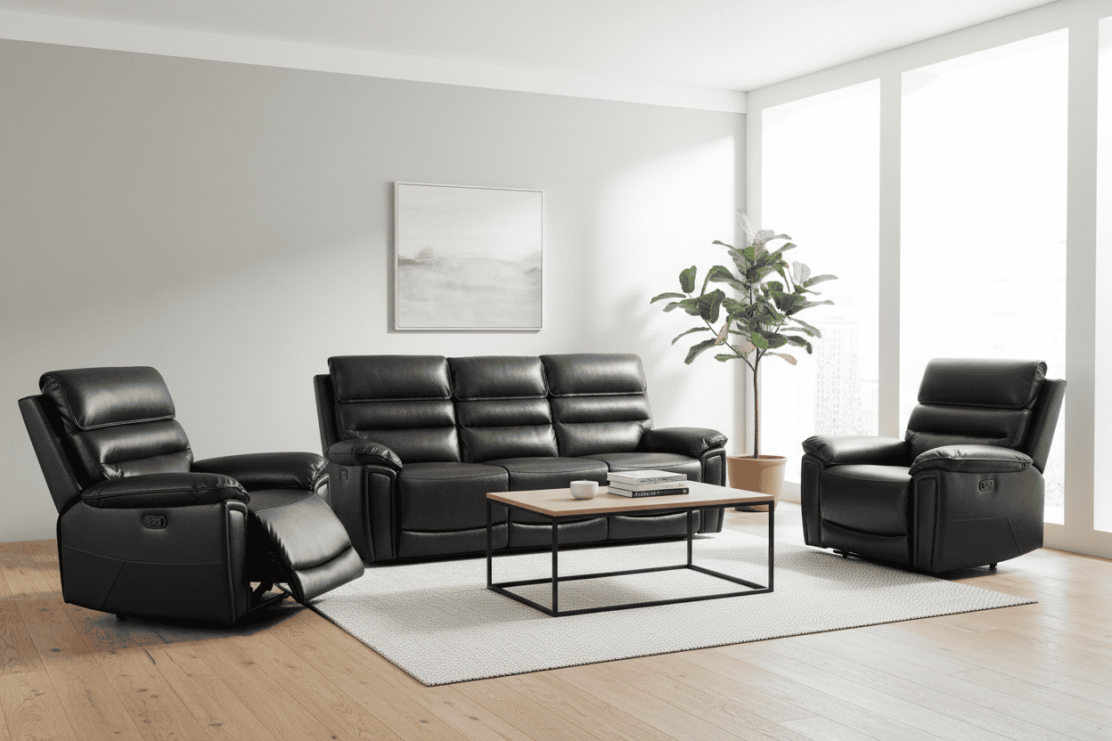 Donald Black Leather Electric / Power Reclining Sofa Range Suite Set With USB Charging Ports & Drop Down Tray Table