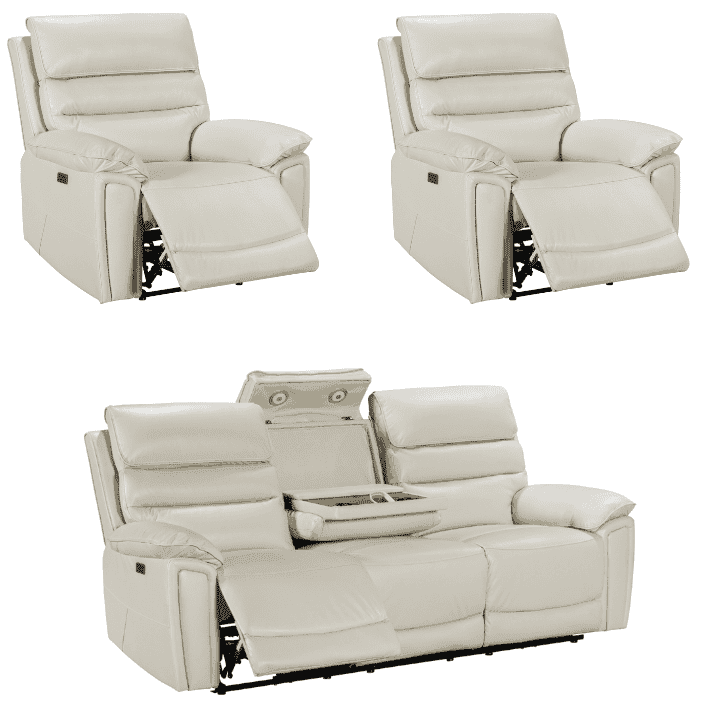 Donald Ivory Cream Leather Electric / Power Reclining Sofa Range Suite Set With USB Charging Ports & Drop Down Tray Table