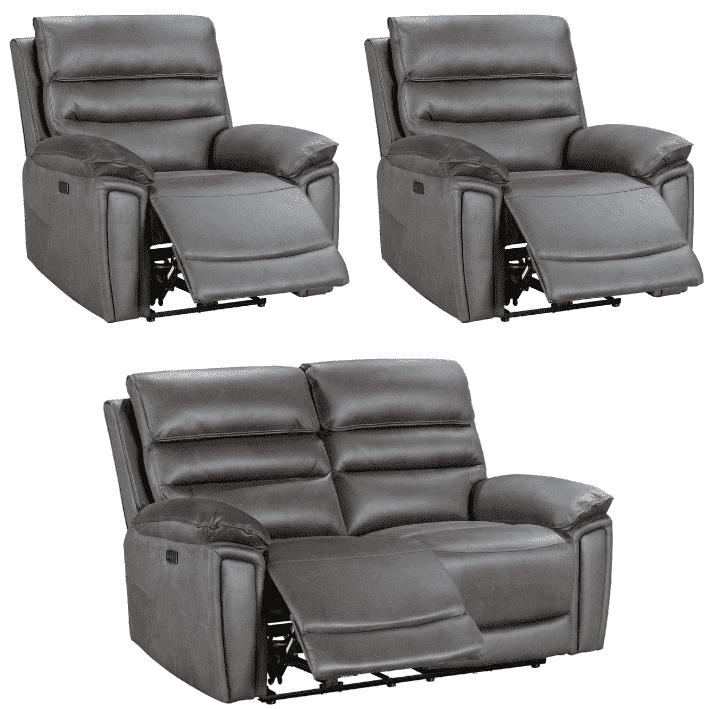 Donald Grey Suede Fabric Electric / Power Reclining Sofa Range Suite Set With USB Charging Ports & Drop Down Tray Table