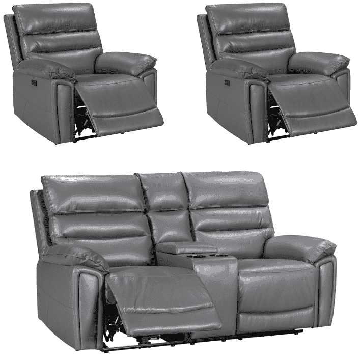 Donald Grey Leather Electric / Power Reclining Sofa Range Suite Set With Drinks Coolers USB Charging Ports & Drop Down Tray Table