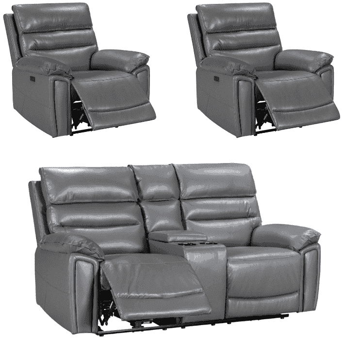 (Back In Stock November 7th) Donald Grey Leather Electric Reclining 2 Seater Sofa With Drinks Cooling Cup Holders + 2 Armchairs Set + USB Charging Ports
