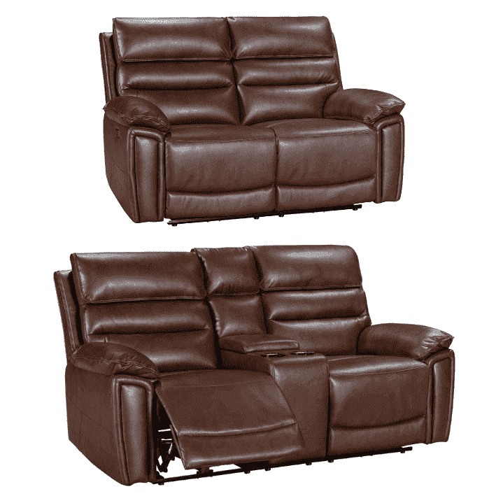 Donald Brown Leather Electric / Power Reclining Sofa Range Suite Set With USB Charging Ports & Drop Down Tray Table