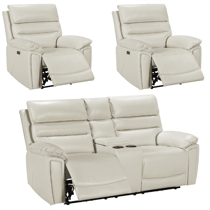 Donald Ivory Cream Leather Electric / Power Reclining Sofa Range Suite Set With USB Charging Ports & Drop Down Tray Table