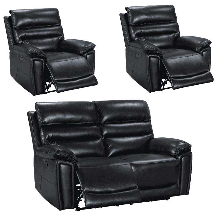 Donald Black Leather Electric / Power Reclining Sofa Range Suite Set With USB Charging Ports & Drop Down Tray Table
