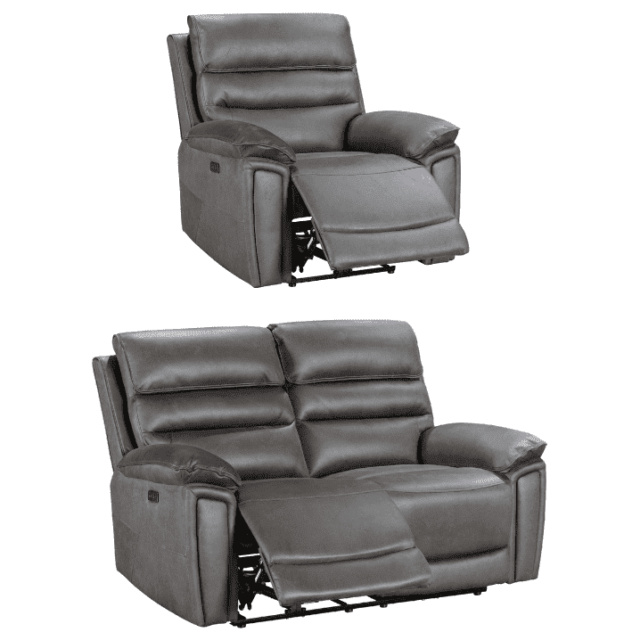 Donald Grey Suede Fabric Electric / Power Reclining Sofa Range Suite Set With USB Charging Ports & Drop Down Tray Table