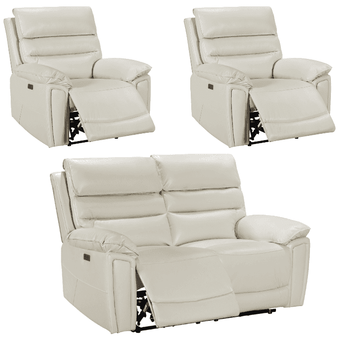 Donald Ivory Cream Leather Electric / Power Reclining Sofa Range Suite Set With USB Charging Ports & Drop Down Tray Table