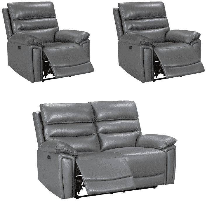 Donald Grey Leather Electric / Power Reclining Sofa Range Suite Set With Drinks Coolers USB Charging Ports & Drop Down Tray Table