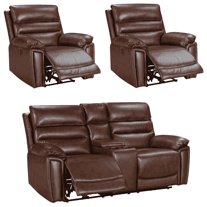 Donald Brown Leather Electric / Power Reclining Sofa Range Suite Set With USB Charging Ports & Drop Down Tray Table