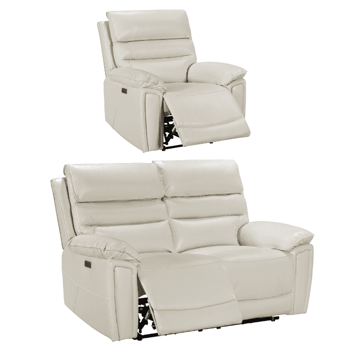 Donald Ivory Cream Leather Electric / Power Reclining Sofa Range Suite Set With USB Charging Ports & Drop Down Tray Table