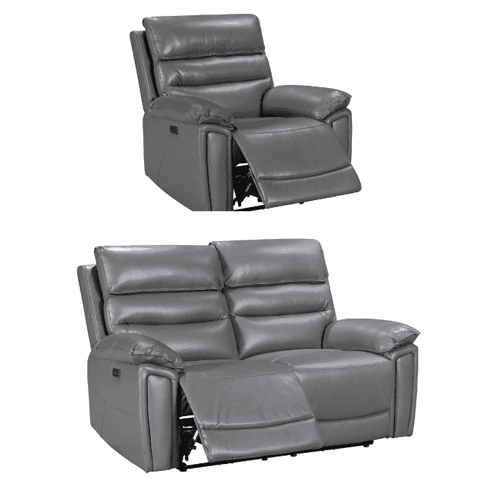 Donald Grey Leather Electric / Power Reclining Sofa Range Suite Set With Drinks Coolers USB Charging Ports & Drop Down Tray Table