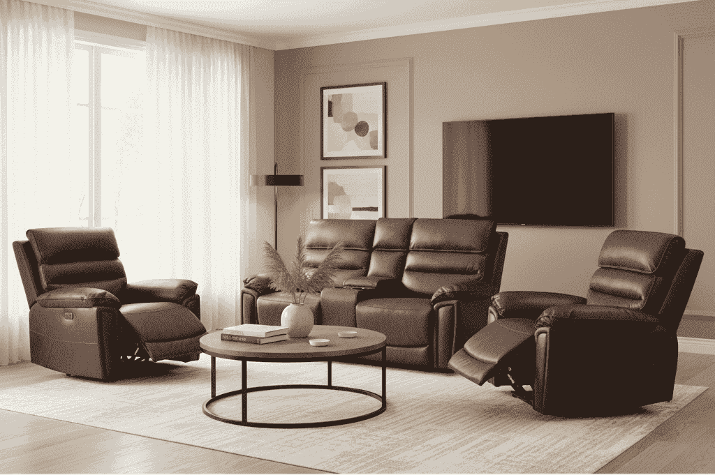 Donald Brown Leather Electric / Power Reclining Sofa Range Suite Set With USB Charging Ports & Drop Down Tray Table