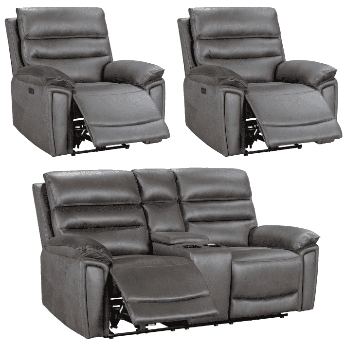 Donald Grey Suede Fabric Electric / Power Reclining Sofa Range Suite Set With USB Charging Ports & Drop Down Tray Table
