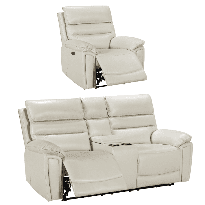 Donald Ivory Cream Leather Electric / Power Reclining Sofa Range Suite Set With USB Charging Ports & Drop Down Tray Table