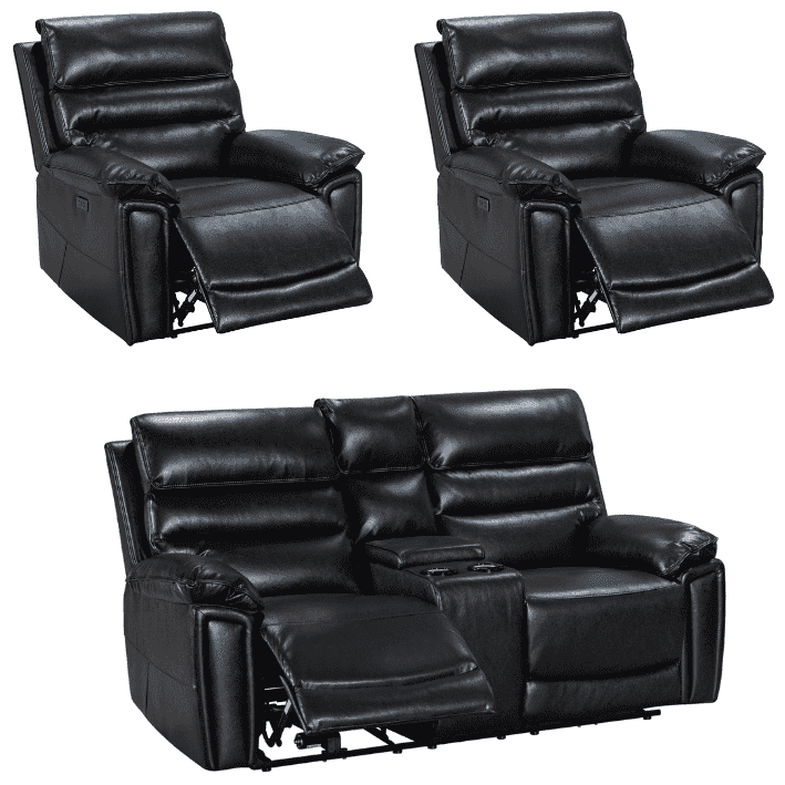 Donald Black Leather Electric / Power Reclining Sofa Range Suite Set With USB Charging Ports & Drop Down Tray Table