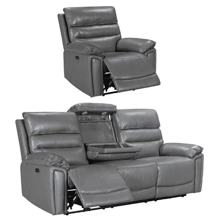 Donald Grey Leather Electric / Power Reclining Sofa Range Suite Set With Drinks Coolers USB Charging Ports & Drop Down Tray Table