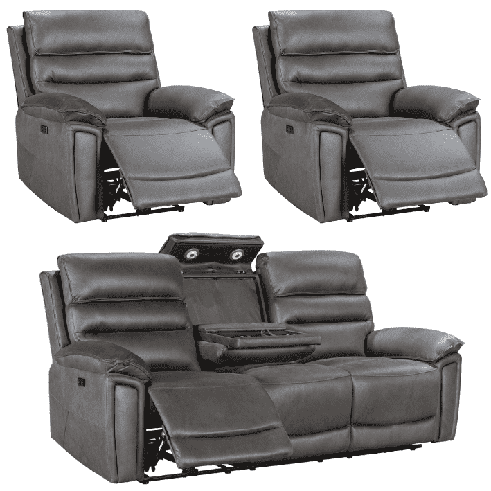 Donald Grey Suede Fabric Electric / Power Reclining Sofa Range Suite Set With USB Charging Ports & Drop Down Tray Table