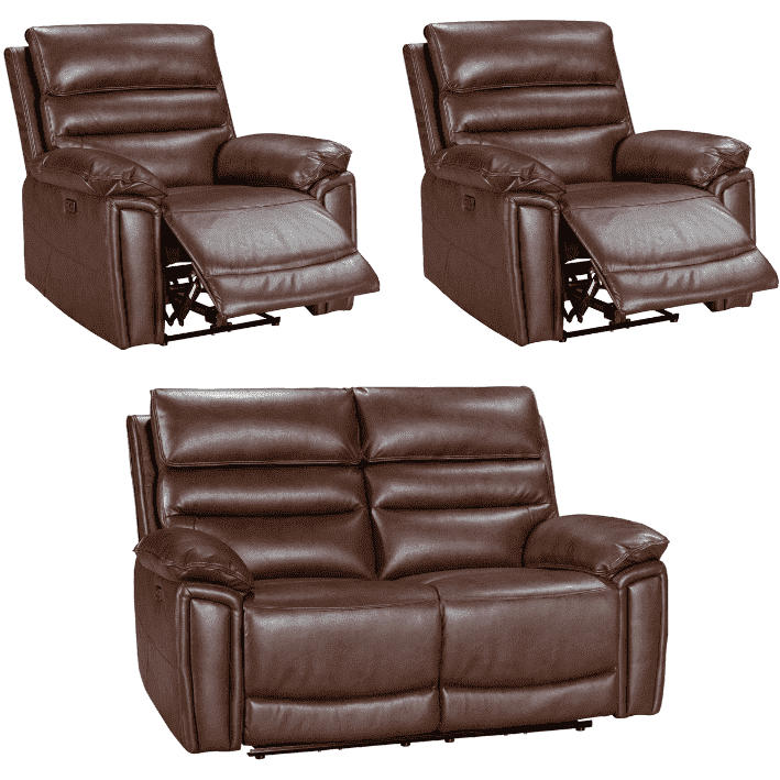 Donald Brown Leather Electric / Power Reclining Sofa Range Suite Set With USB Charging Ports & Drop Down Tray Table