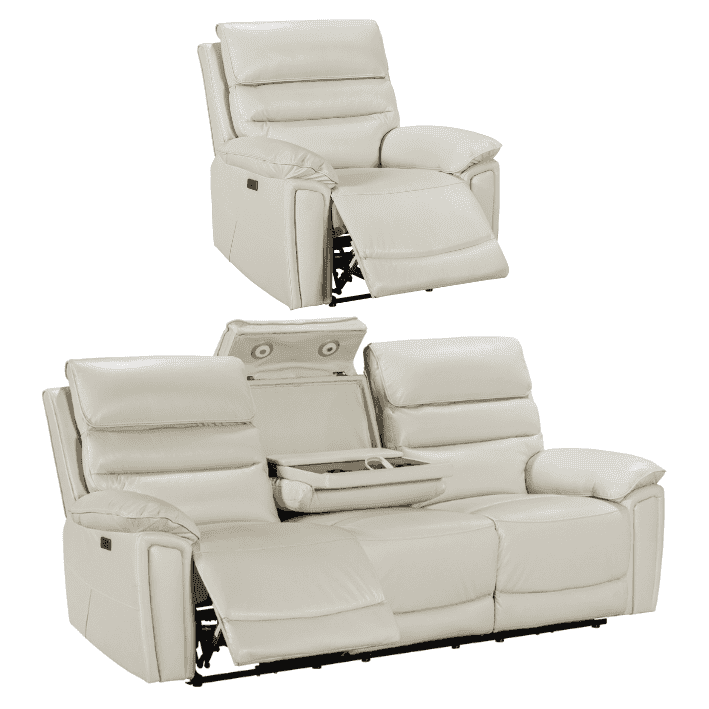 Donald Ivory Cream Leather Electric / Power Reclining Sofa Range Suite Set With USB Charging Ports & Drop Down Tray Table