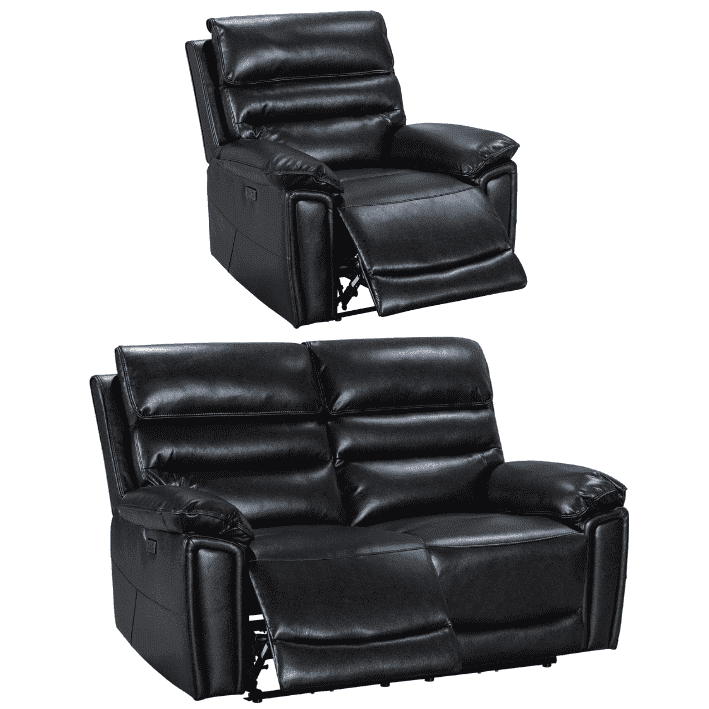 Donald Black Leather Electric / Power Reclining Sofa Range Suite Set With USB Charging Ports & Drop Down Tray Table