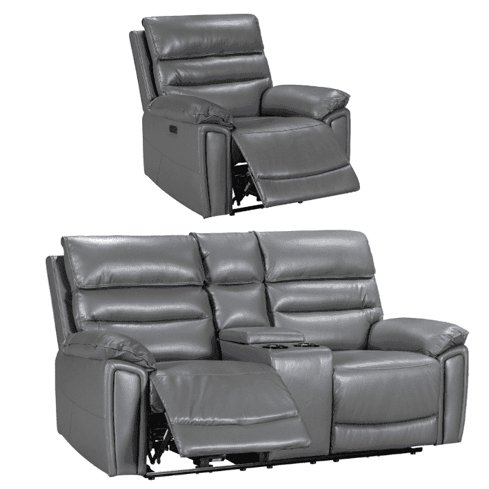 Donald Grey Leather Electric / Power Reclining Sofa Range Suite Set With Drinks Coolers USB Charging Ports & Drop Down Tray Table