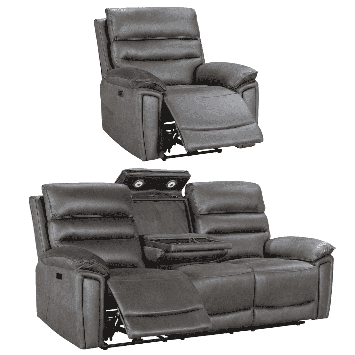 Donald Grey Suede Fabric Electric / Power Reclining Sofa Range Suite Set With USB Charging Ports & Drop Down Tray Table
