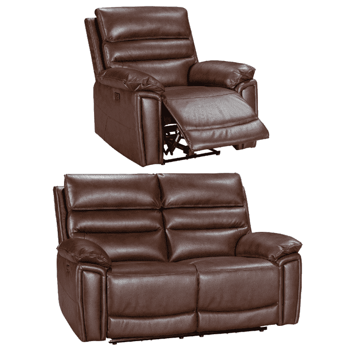 Donald Brown Leather Electric / Power Reclining Sofa Range Suite Set With USB Charging Ports & Drop Down Tray Table