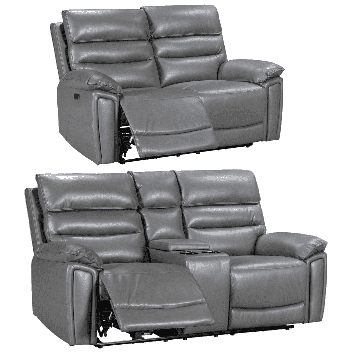Donald Grey Leather Electric / Power Reclining Sofa Range Suite Set With Drinks Coolers USB Charging Ports & Drop Down Tray Table