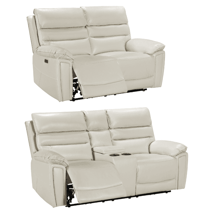 Donald Ivory Cream Leather Electric / Power Reclining Sofa Range Suite Set With USB Charging Ports & Drop Down Tray Table